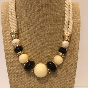Ann Taylor Chunky Necklace rope style with black & white round beads- gold trim